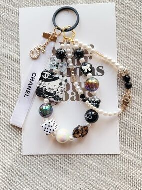 Authentic Chanel Ribbon with unbranded Black & Pearl kitty Keychain Bag Charm